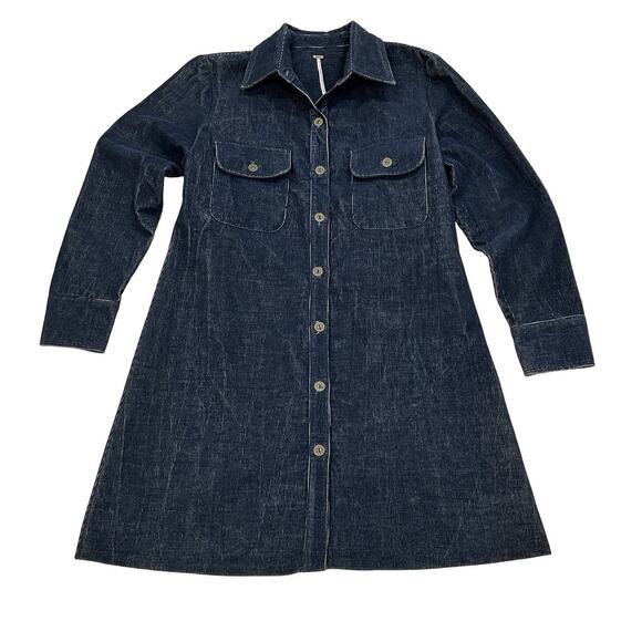 Free People Dresses & Skirts - Free People Washed Corduroy Button Shift Dress Size S Blue Button Up USA Made